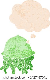 cartoon jellyfish with thought bubble in grunge distressed retro textured style