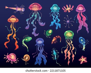 Cartoon jellyfishes. Beautiful deep water glowing creatures, ocean underwater plankton, starfish and shrimp, transparent marine color animals isolated, tropical fish tidy vector set