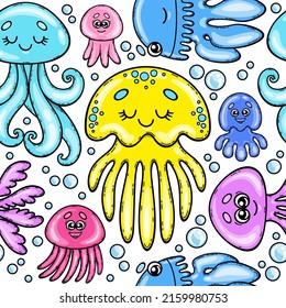 Cartoon jellyfishes. Seamless pattern with colorful sea jelly on a white background. Vector illustration in childish style.