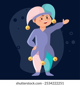 Cartoon jester boy in colorful outfit for Halloween, Vector