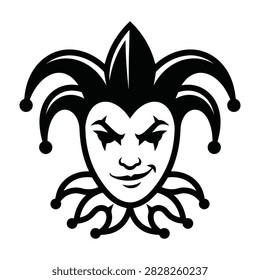 A cartoon jester face with an evil smile and a jester hat, symbolizing mischief and jest