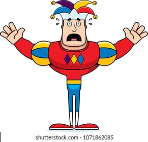 A cartoon jester looking scared.