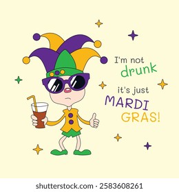 Cartoon jester with Mardi Gras glasses and drink, humorous art. Mardi Gras funny illustration, drunk character in festive hat. 