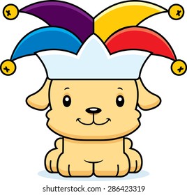 A cartoon jester puppy smiling.