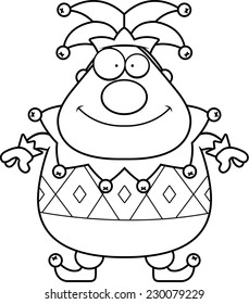 A cartoon jester standing and smiling.
