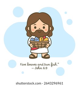 Cartoon Jesus Holding Basket of Loaves and Fish in Gentle Blue Surround Vector Illustration for gospel, sunday school, kid nursery