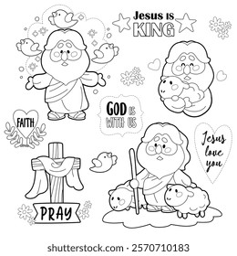 Cartoon Jesus Illustration Jesus Christ and Lamb Clip Art black and white line art coloring book