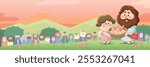 Cartoon Jesus illustration, Jesus and the miracle of five loaves and two fishes, cute children's Bible story banner