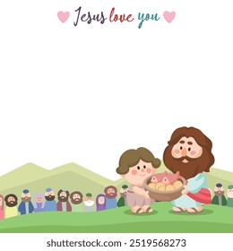 Cartoon Jesus Illustration, Jesus und das Wunder von fünf Broten und zwei Fischen, süße Kinderbibelgeschichte, leerer Kartenrahmen für Instagram 