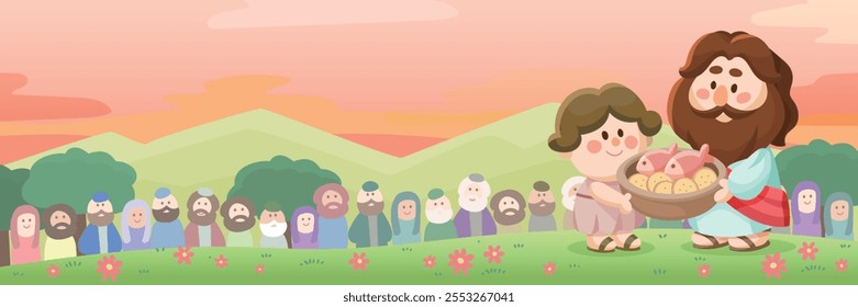 Cartoon Jesus illustration, Jesus and the miracle of five loaves and two fishes, cute children's Bible story banner