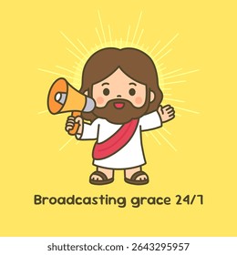 Cartoon Jesus com Megaphone em fundo amarelo Transmitindo Graça 24 horas 7 dias Ilustração vetorial para folheto gospel e cartaz