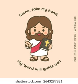 Cartoon Jesus Offering His Hand and Holding Bible with Scripture Text Invitation Vector Illustration for children, gospel, sunday school, kid nursery