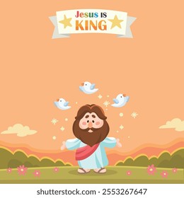 Cartoon Jesus e pombos pôr do sol Ilustração Cristianismo e Catolicismo