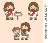 Cartoon Jesus Pointing Way, Reaching Out to Help, and Feeding Child with Fish and Bread Vector Illustration for sunday school
