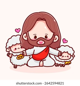 Cartoon Jesus sentado pacificamente com duas ovelhas fofas, cercado por corações e amor. Perfeito para ilustrações com temática cristã, pacíficas e amorosas.