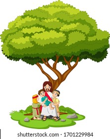 
Cartoon Jesus is sitting under a tree with kids