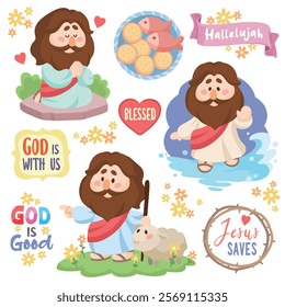 Cartoon Jesus Sticker Clipart Collection Jesus Praying Five Loaves and Two Fishes Walking on Water Shepherding Christianity and Catholicism