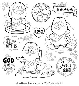 Cartoon Jesus Sticker Clipart Collection Jesus Praying Five Loaves and Two Fishes Walking on Water Shepherding black and white line art