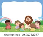 Cartoon Jesus Teaching Children in Nature – Cute Sunday School Illustration with blank space for text 4X3