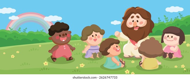 Cartoon Jesus Teaching Children in Nature – Cute Sunday School Illustration banner