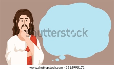 Cartoon Jesus in Thoughtful Pose with Blank Speech Bubble for Religious Presentation or Educational Background Use