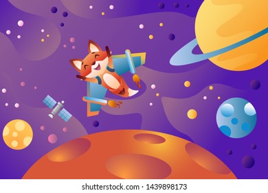 Cartoon Jet fox flying in open space, galaxy. Cosmos background for website, cyber reality, virtual reality. Vector illustration