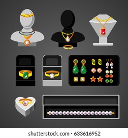 Cartoon jewelry accessories set with elegant rings earrings expensive necklaces bead boxes and female mannequins isolated vector illustration