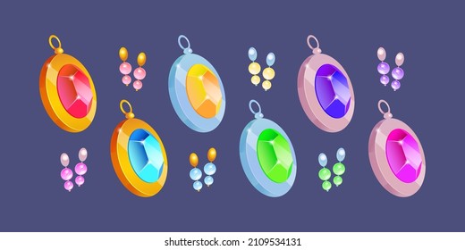 Joyería de dibujos animados, juego de clavijas de oro y plata y pendientes con piedras preciosas y perlas. Coulombas metálicas o encantos con joyas coloridas, colección de joyas de lujo para mujeres, ilustración vectorial