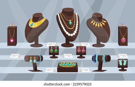 Cartoon jewelry shop showcase. Precious accessories, glamorous jewelry and bijouterie shop glass case flat vector illustration. Golden jewel shop window
