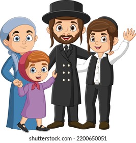 Cartoon jewish family standing together celebrating hanukkah