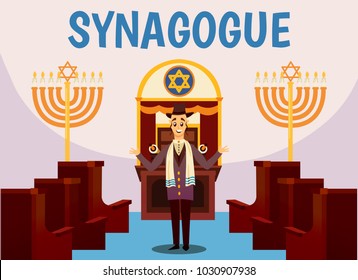 Cartoon jews characters composition with flat images of synagogue temple indoor interior with rabbi human character vector illustration