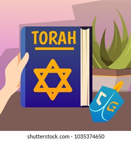 Cartoon jews characters composition with human hand holding the torah book of jewish and christian scriptures vector illustration