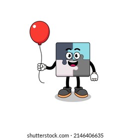 Cartoon of jigsaw puzzle holding a balloon , character design