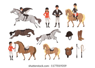 Cartoon Jockey Icons Set With Professional Equipment For Horse Riding. Woman And Man In Special Uniform With Helmet. Equestrian Sport Concept. Flat Vector Design