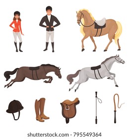 Cartoon jockey icons set with professional equipment for horse riding. Woman and man in special uniform with helmet. Equestrian sport concept. Flat vector design