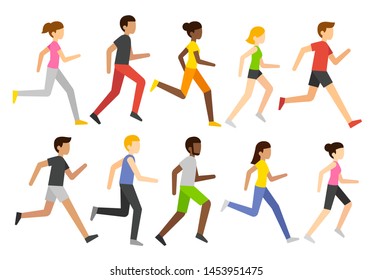 Cartoon Jogging People Set, Marathon Runners Group. Diverse Men And Women Running, Simple And Modern Vector Illustration Style.