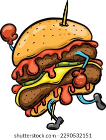 Cartoon Jogging or Running Hamburger or Cheeseburger Cartoon Character Illustration