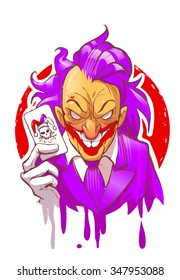 Cartoon joker character smiling holding play card violet suit hair white gloves vector illustration