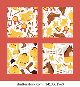 Cartoon jokey seamles pattern. Vector illustration with horse in stable, equipment for horse racing, saddle, stirrup, horseshoe. Clothing riding and trophy medal for victory in competition.