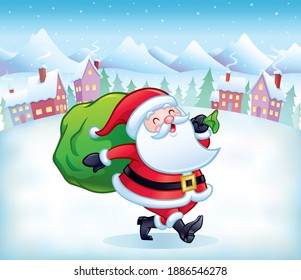 Cartoon of a jolly looking Santa Claus character carrying a large bag of presents across the snow with snow covered homes and mountains in the background.