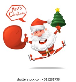 Cartoon. Jolly Santa Claus with a Christmas tree wishes you a Merry Christmas. Isolated Vector Illustration - stock vector. Design element.
