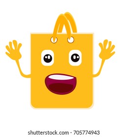 Cartoon Joyed Emoticon Shopping Bag. Sale. Isolated Vector Illustration