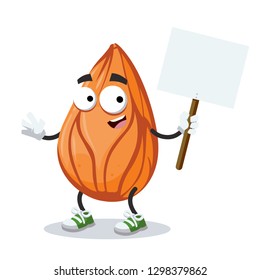 cartoon joyful almond nut mascot with sign in hand on white background