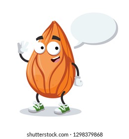 cartoon joyful almond nut mascot with a speech bubble on a white background