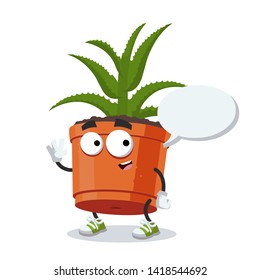 cartoon joyful aloe vera plant in a pot mascot with a speech bubble on a white background