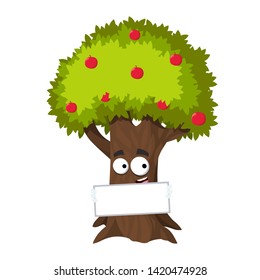 cartoon joyful apple tree full of red apples mascot with tablet in hands on white background