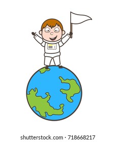 Cartoon Joyful Astronaut Standing Over Earth with Flag Vector Concept