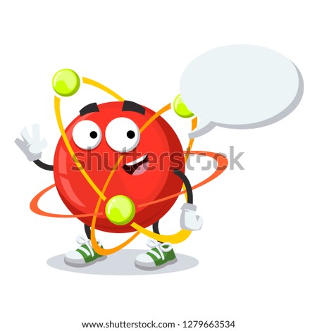 cartoon joyful atom mascot with a speech bubble on a white background