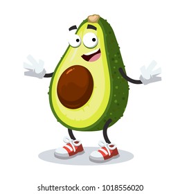 cartoon joyful avocado mascot smiling on white background