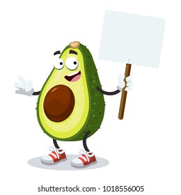 cartoon joyful avocado mascot with tablet in hand on white background